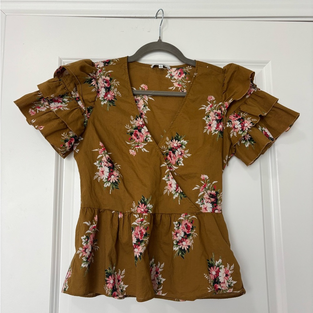 Madewell Classic Corsage Tiered Sleeve Peplum Top in the Distant Olive floral